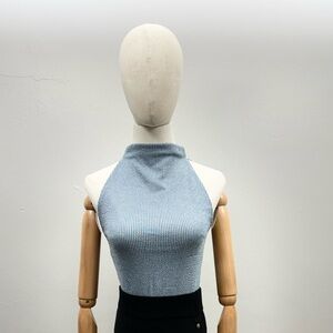 ZARA Light Blue Shimmer Knit Halter Top Women’s Size S Polyester Polyamide Blend